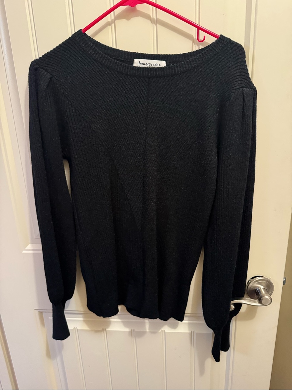 Impressions Black Ribbed Boatneck Sweater with Subtle Puff Sleeves